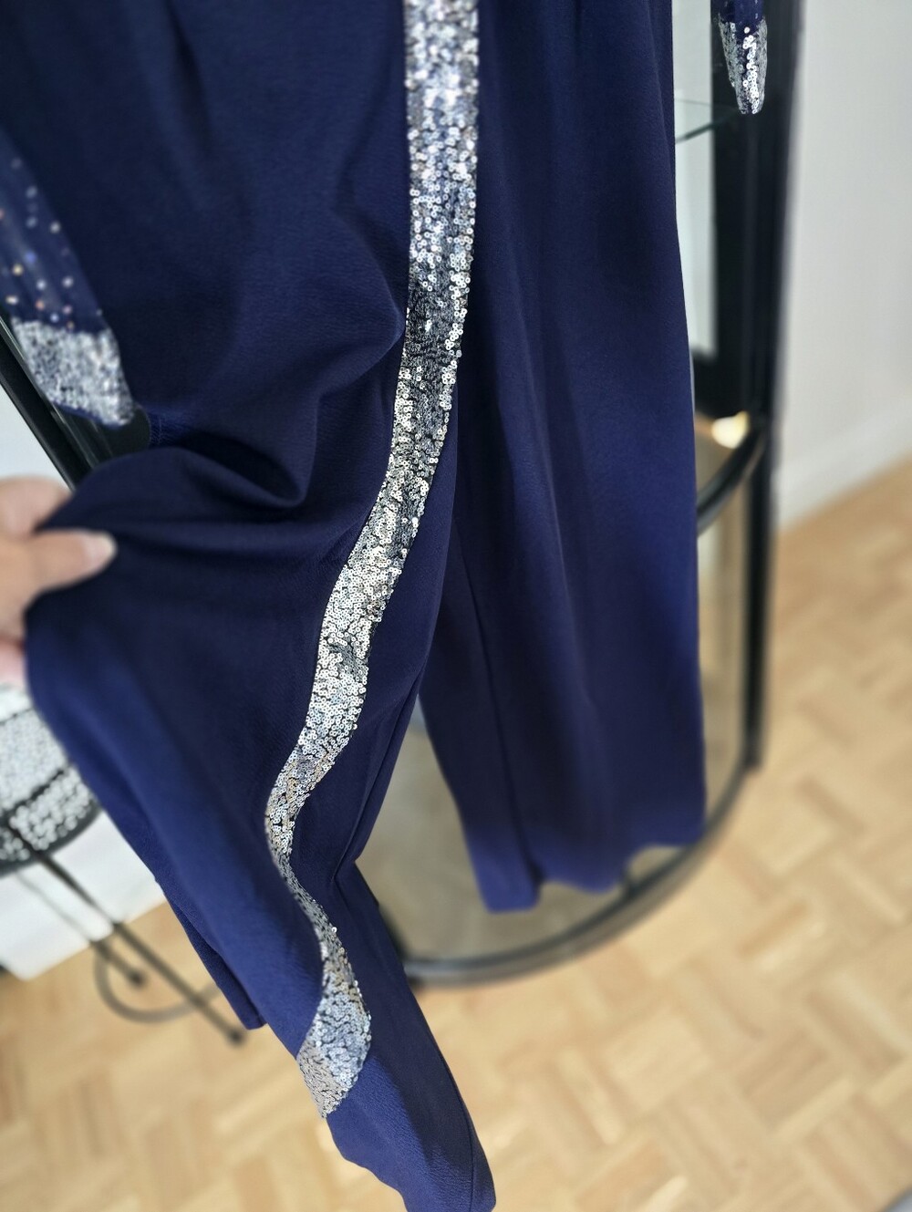 SHEIN Navy Pants/dress with Silver Sequin Side Stripe
